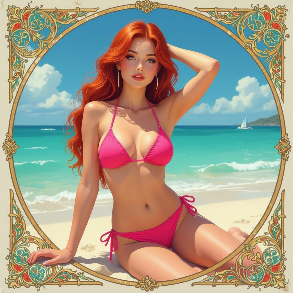 Redhead in Pink Bikini on Sunny Beach