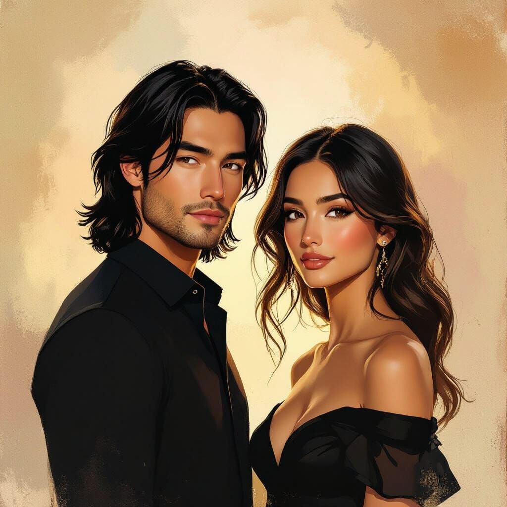 Couple Posing in Golden Hour Light, Romantic Painterly Style