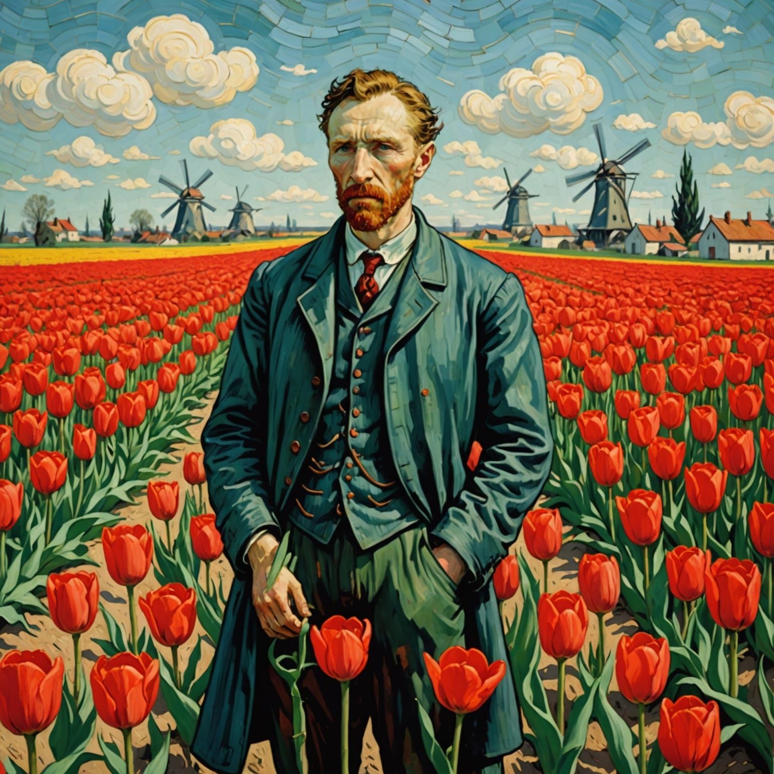 Vincent Van Gogh Surveys a Field of Vibrant Red Tulips