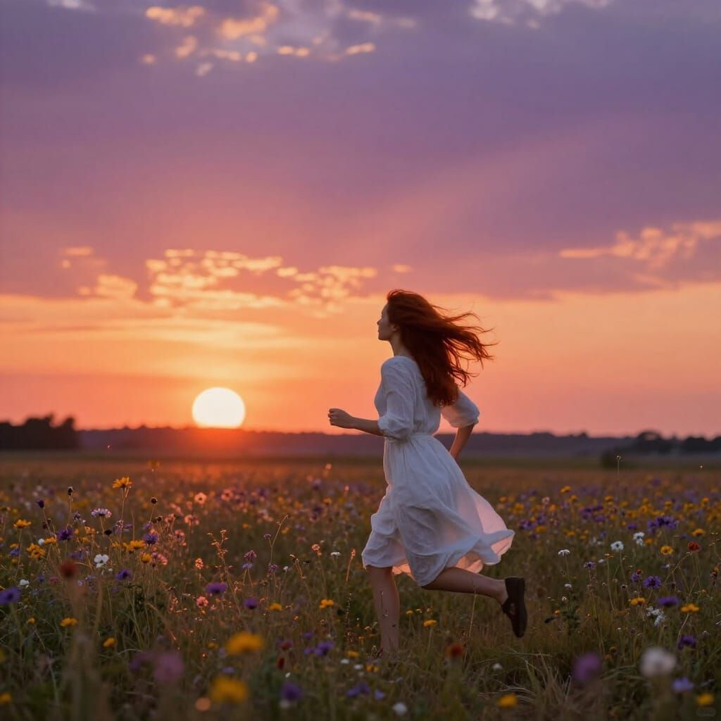 Woman Running Through Sunset Field in Impressionistic Style