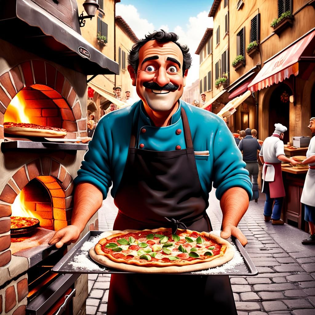 Italian Chef Cooking Pizza in Pixar Animation Style