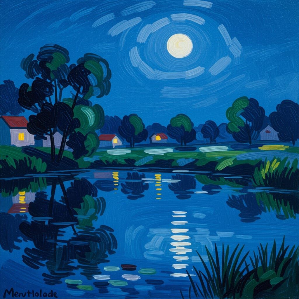 Moonlit Pond Scene in Impressionist Style