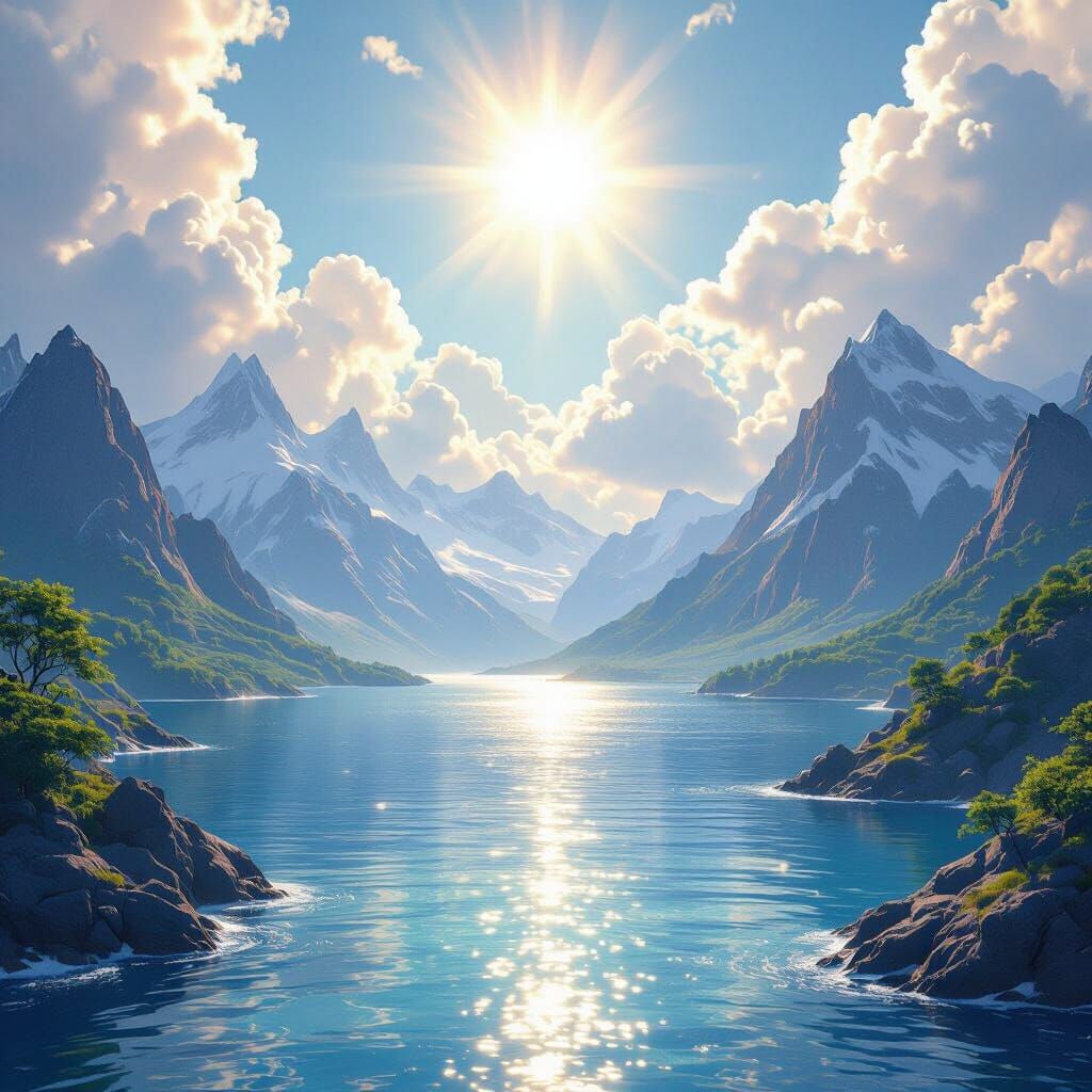 Divine Anime Landscape: Mountains Meet Sea in 3D Art