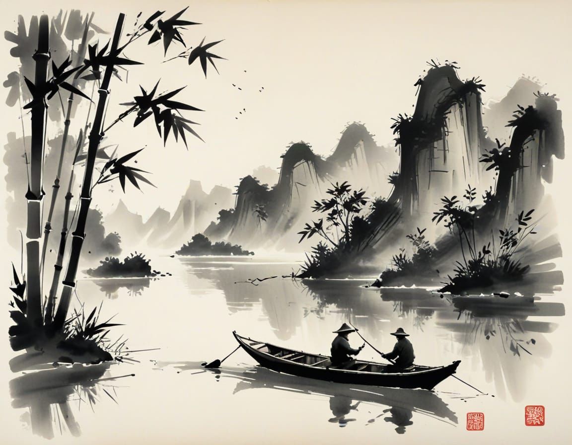 Bamboo River Skiff in Sumi-e Ink Style