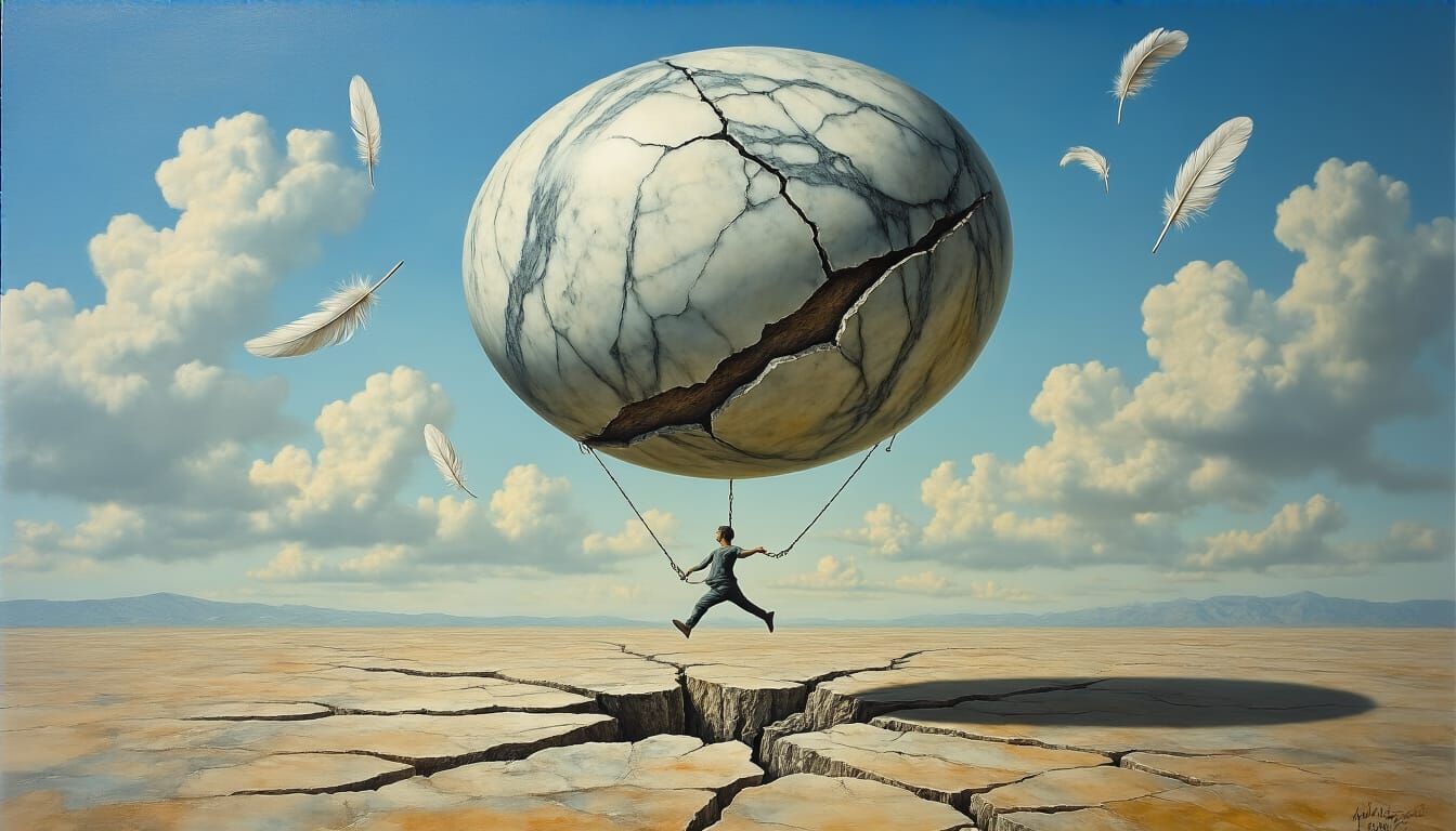 Surreal Sculpture Defies Gravity, Oil on Canvas