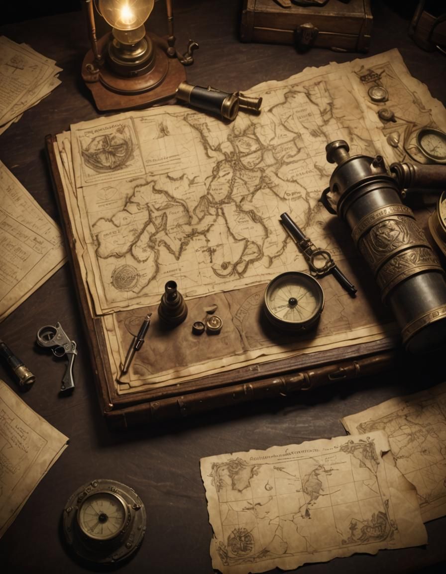 Victorian Archaeologist's Desk with Treasure Map