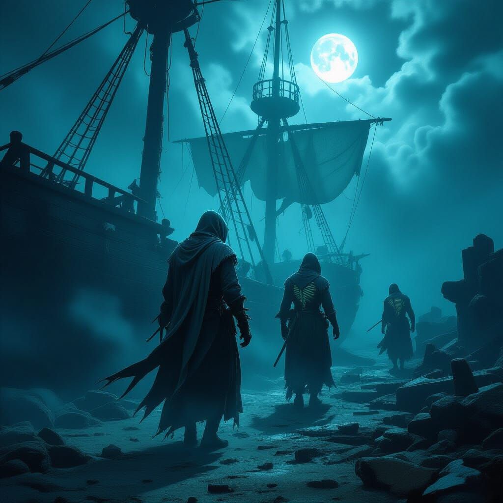 Haunted Shipwreck Under Moonlight: 2.5D Eerie Fantasy