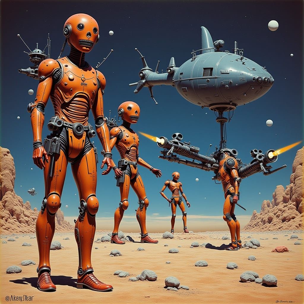 Neon Scavenger Robots Explore Sci-Fi Graveyard in Futuristic...