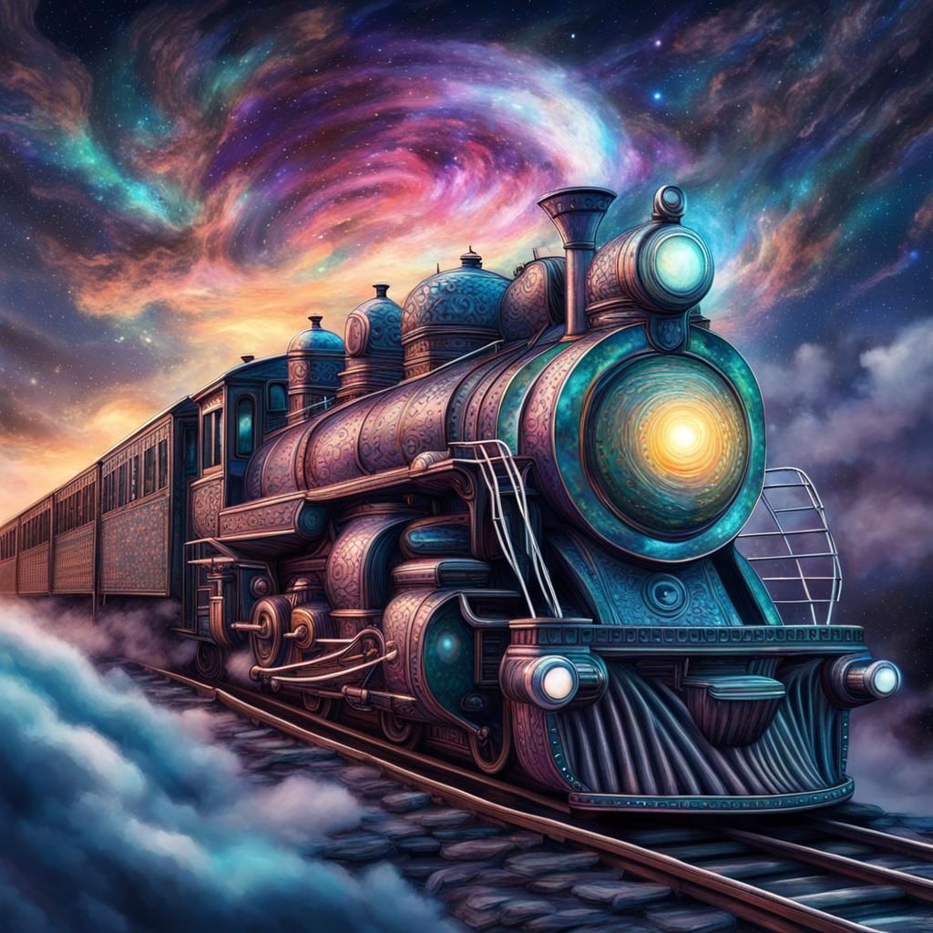 Fantasy Train Traversing Cloudy Night Sky