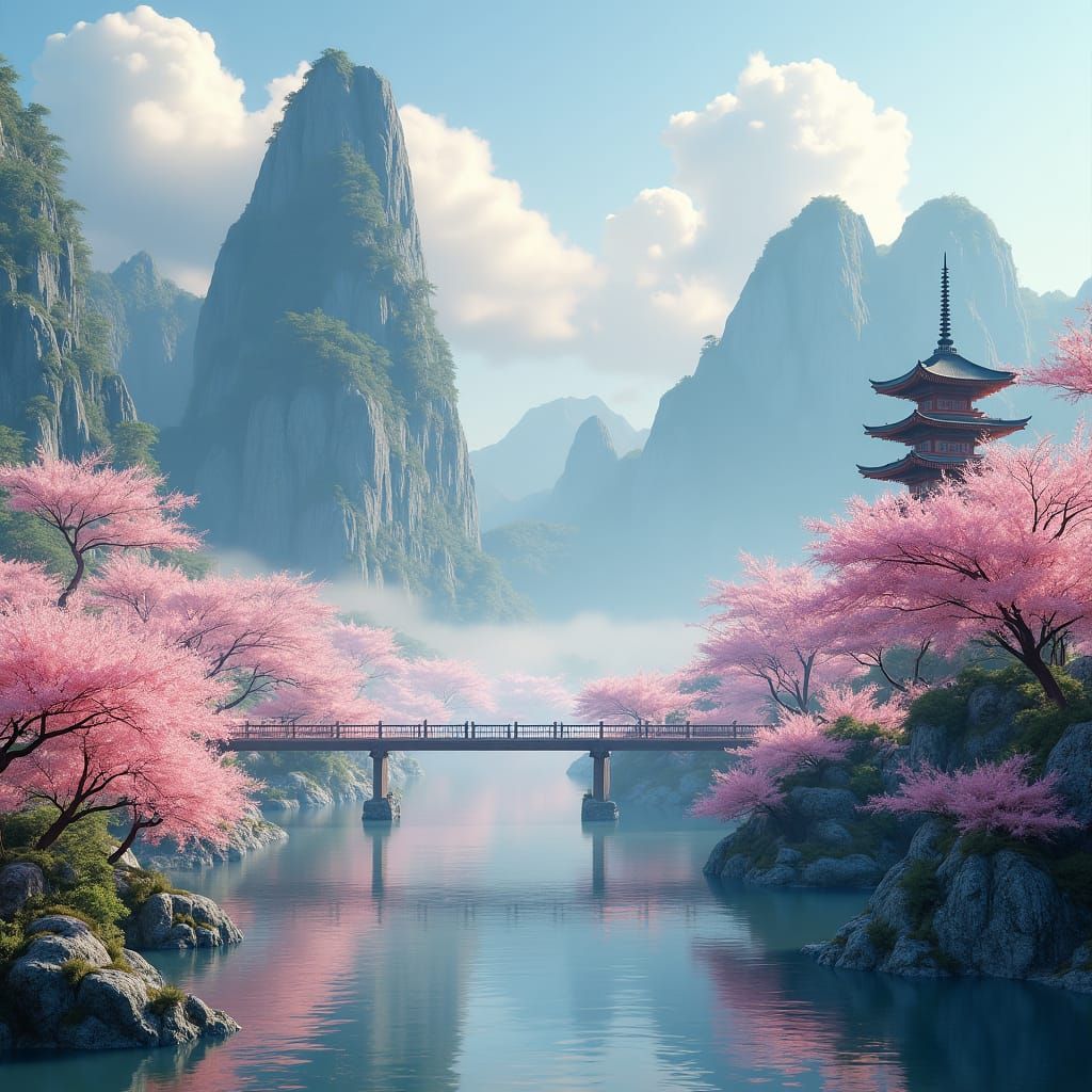 Serene Asian Landscape with Cherry Blossoms in Unreal Engine