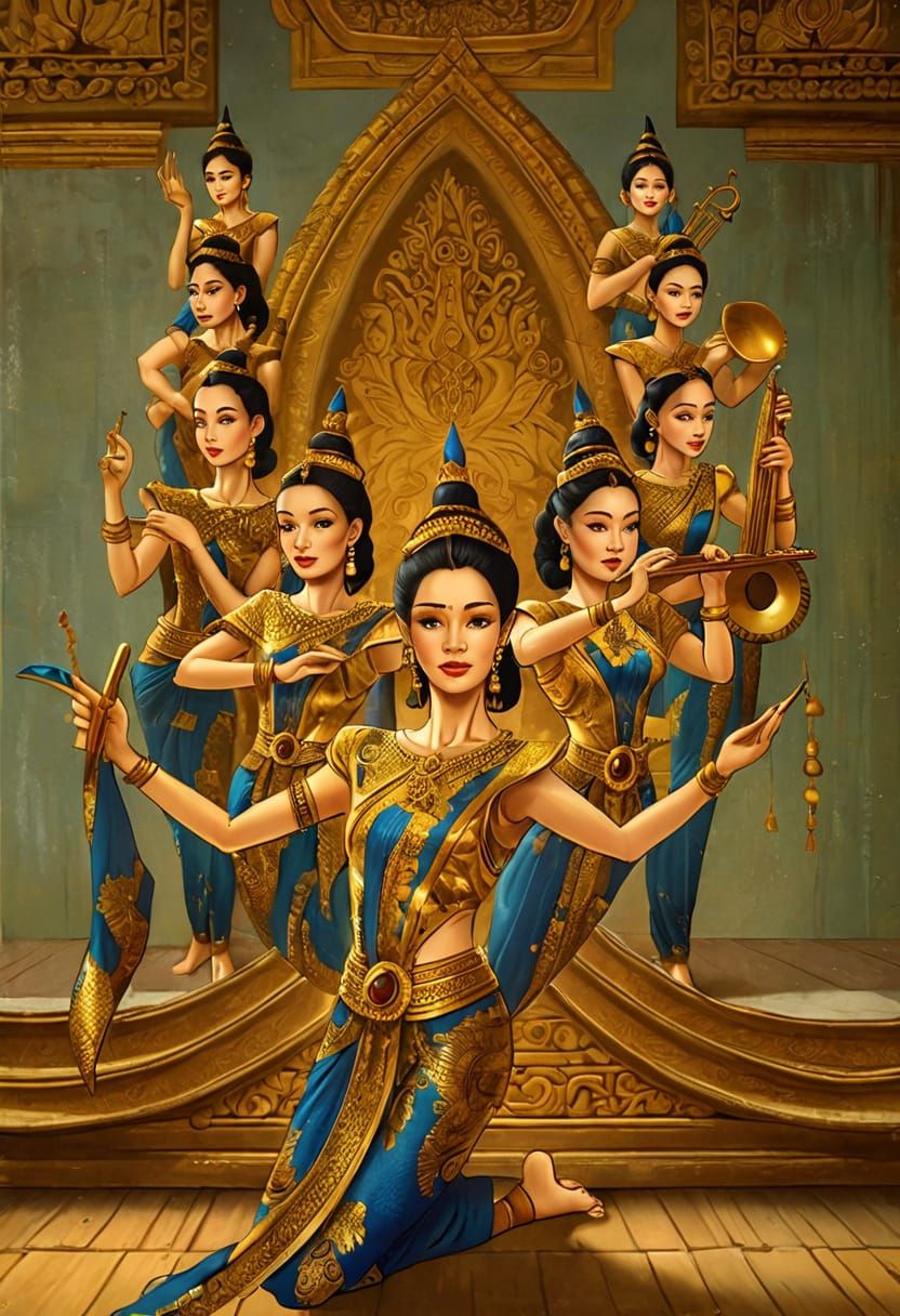Surreal Apsaras in Khmer Royal Hall, Oil Painting in Vibrant...