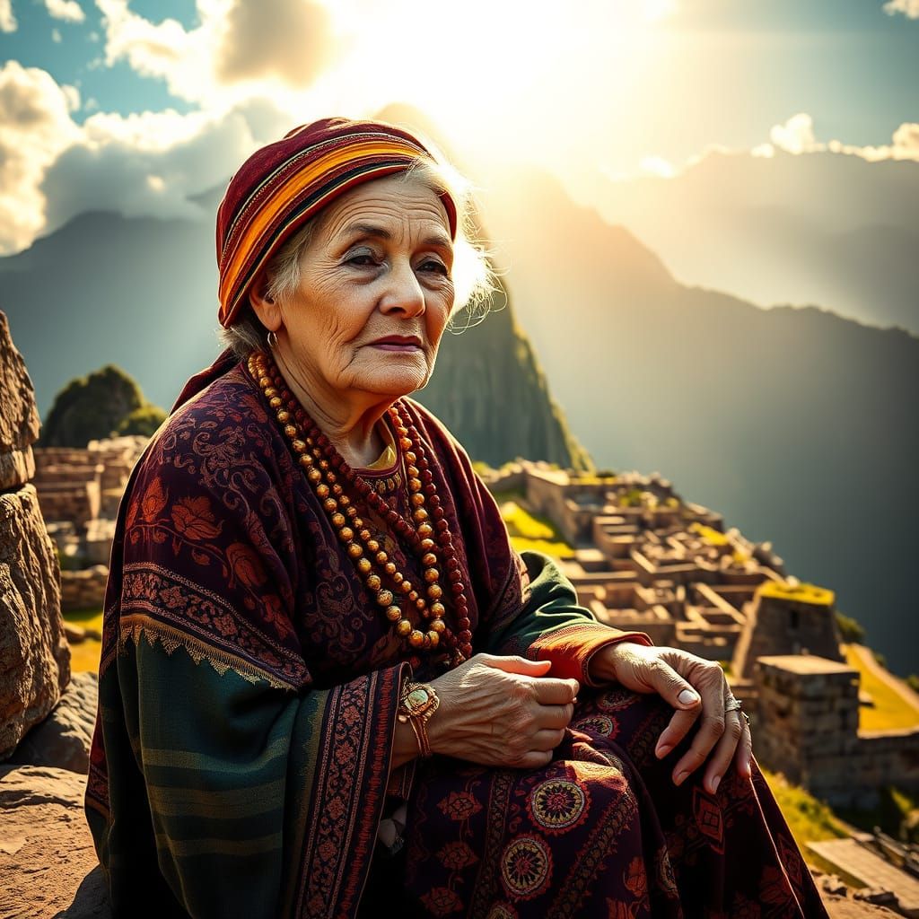 Wise Woman Shares Wisdom at Machu Picchu in Art Nouveau Styl...