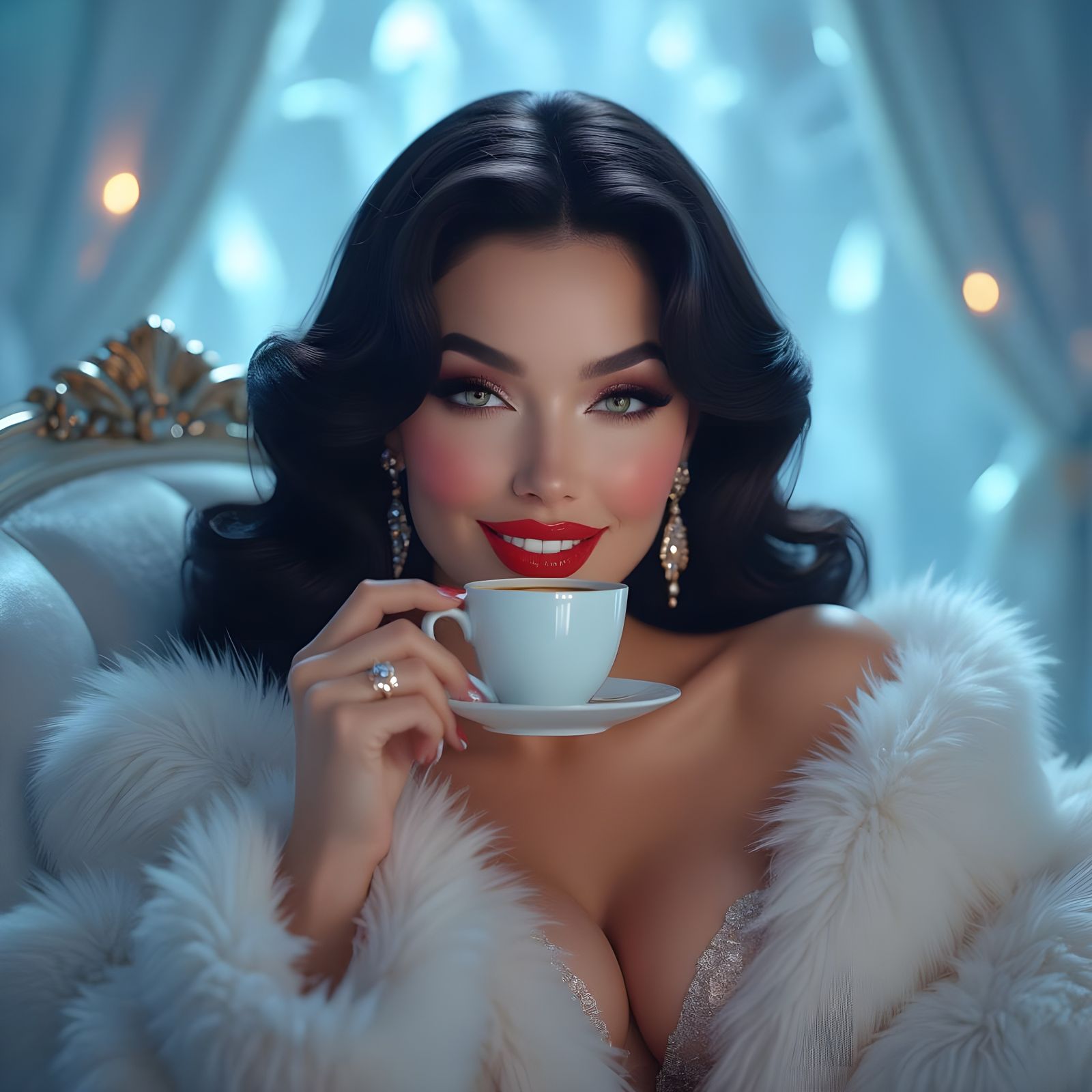 Sultry Woman in Couture Sips Coffee in Opalescent Glow