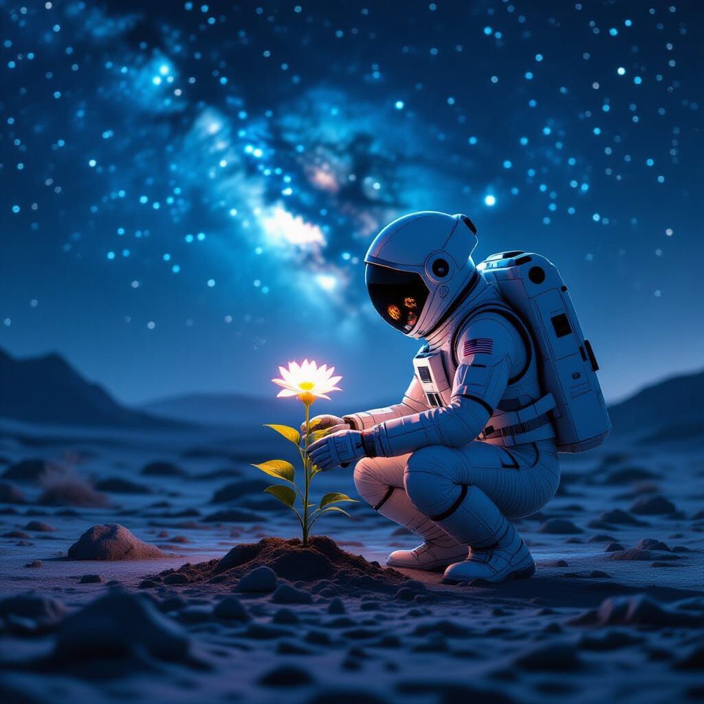 Astronaut Plants Bioluminescent Flower on Alien Planet