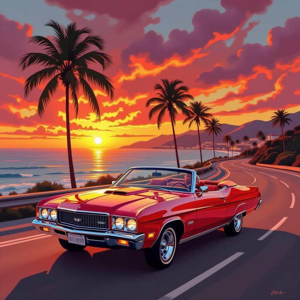 Convertible on Coastal Highway: Pop Art Dreamscape