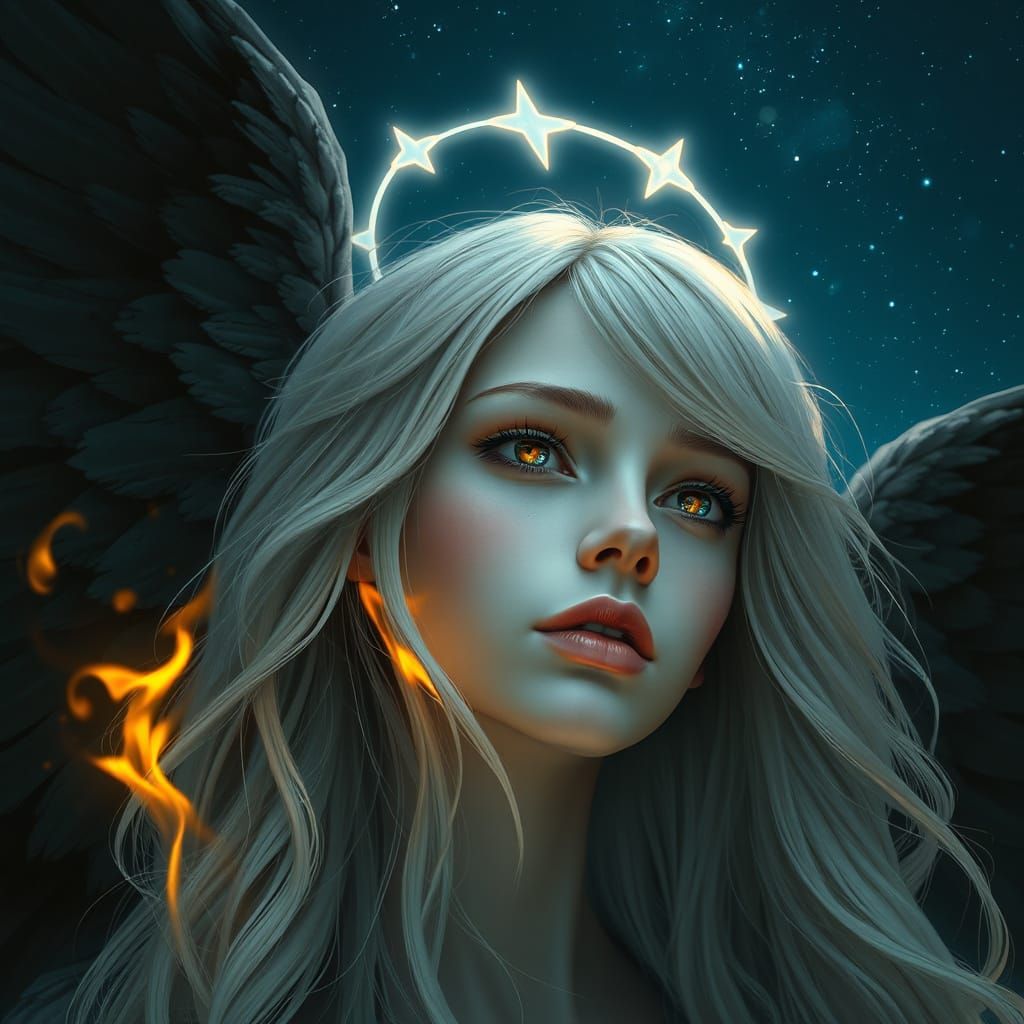 Ethereal Angel with Starry Halo and Flaming Eyes