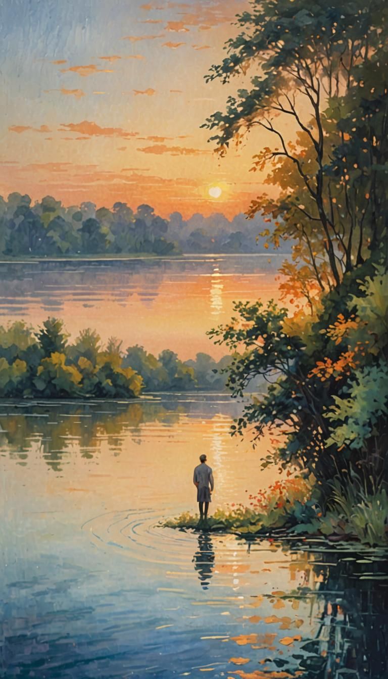 Impressionistic Figure Gazing at Lake Horizon