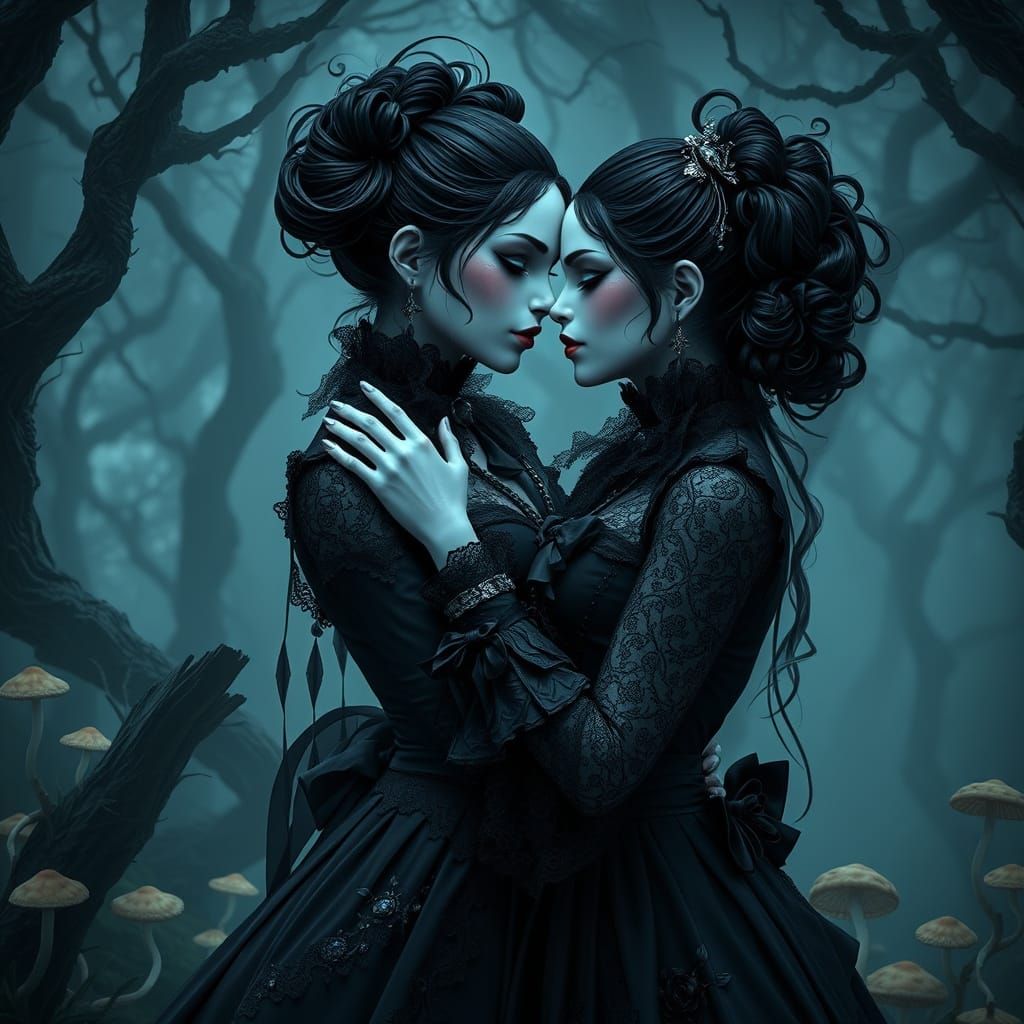 Ethereal Vampire Lovers in Dark, Mystical Forest