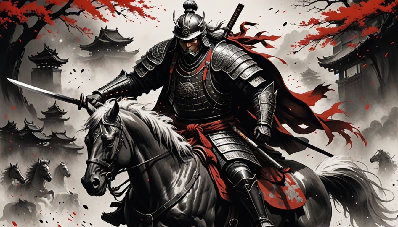 Tomoe Gozen Charges into Battle: Sumi-e Ink Wash Painting