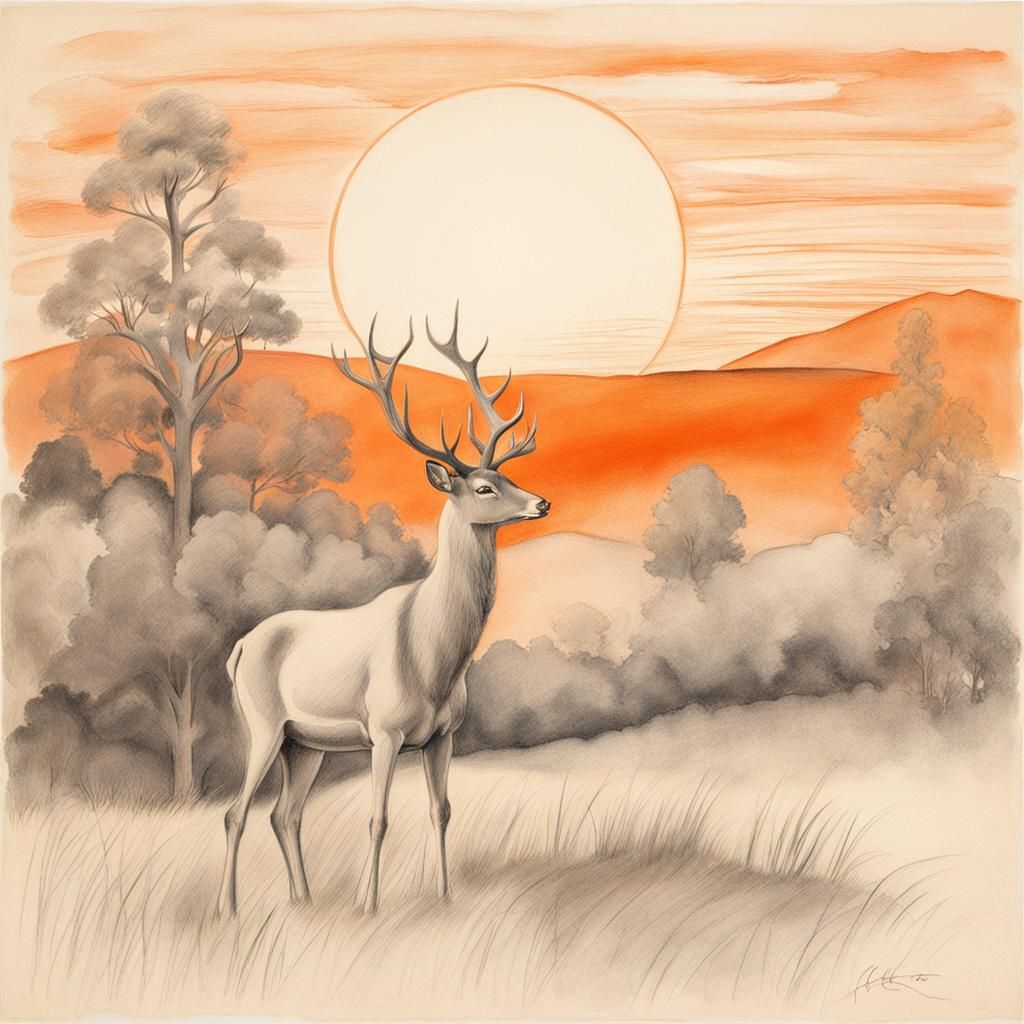 Pencil Sketch of Woman and Deer in Sunset