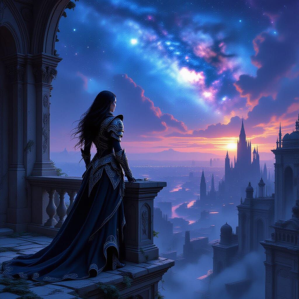 Armored Woman Gazing at Cosmic Cityscape