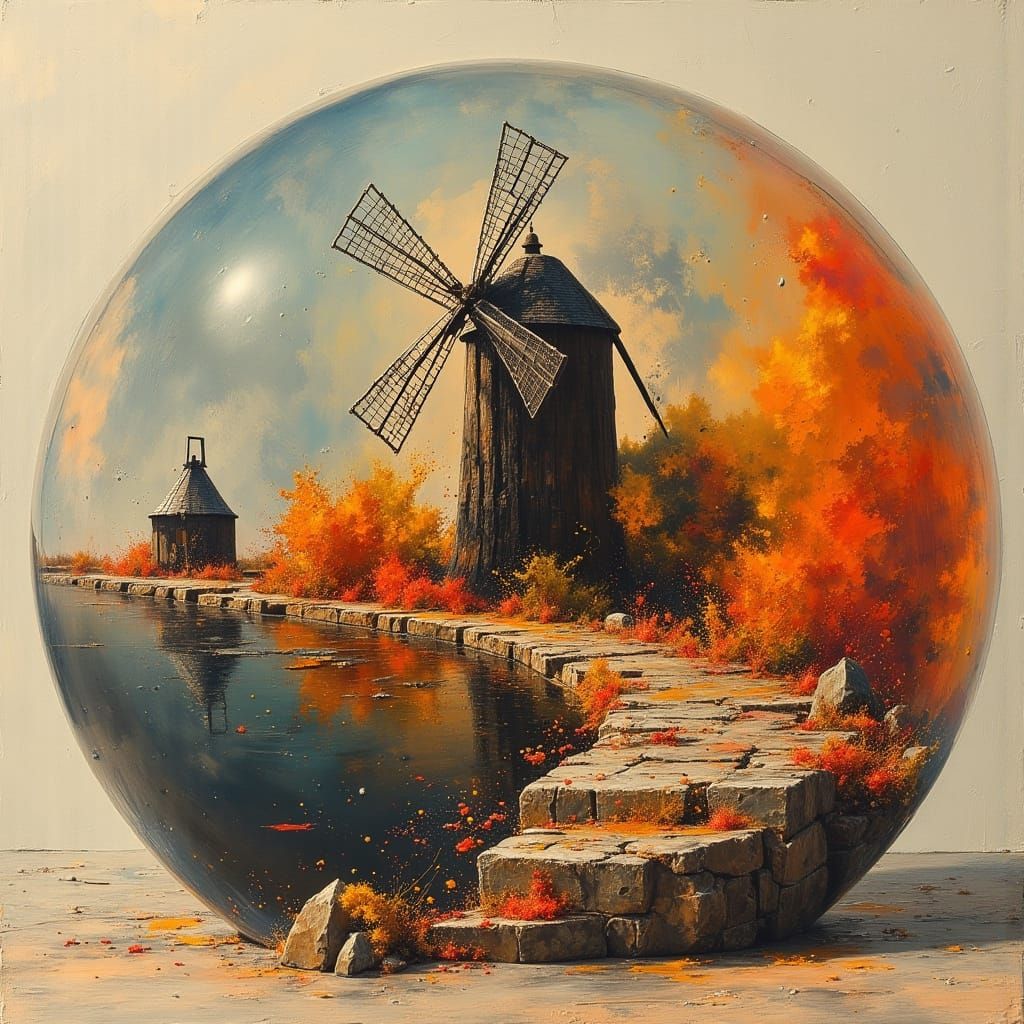Autumn Watermill Abstract in Sphere, Cubist Surrealist Style