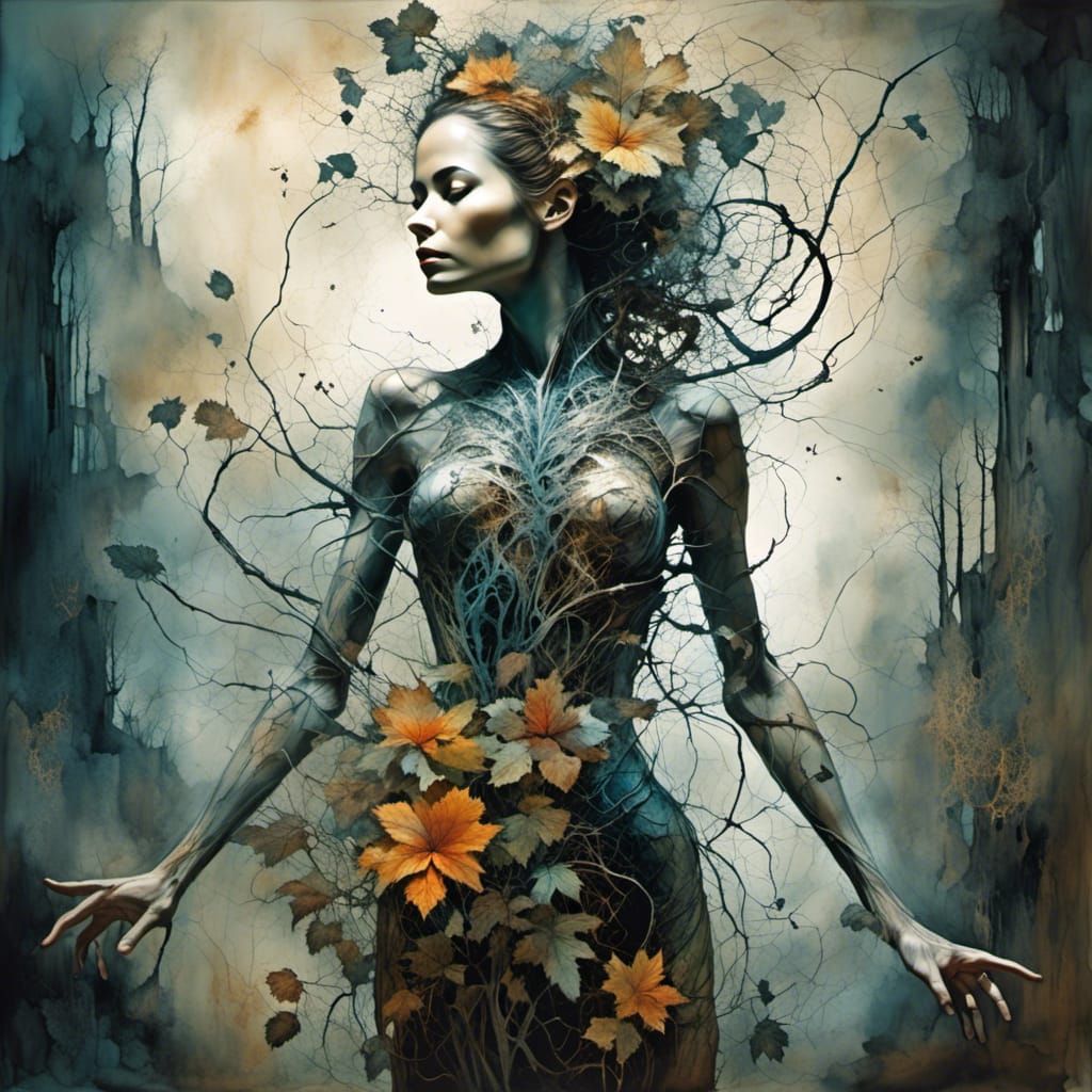 Biopunk Woman in Mixed Media with Botanical Elements