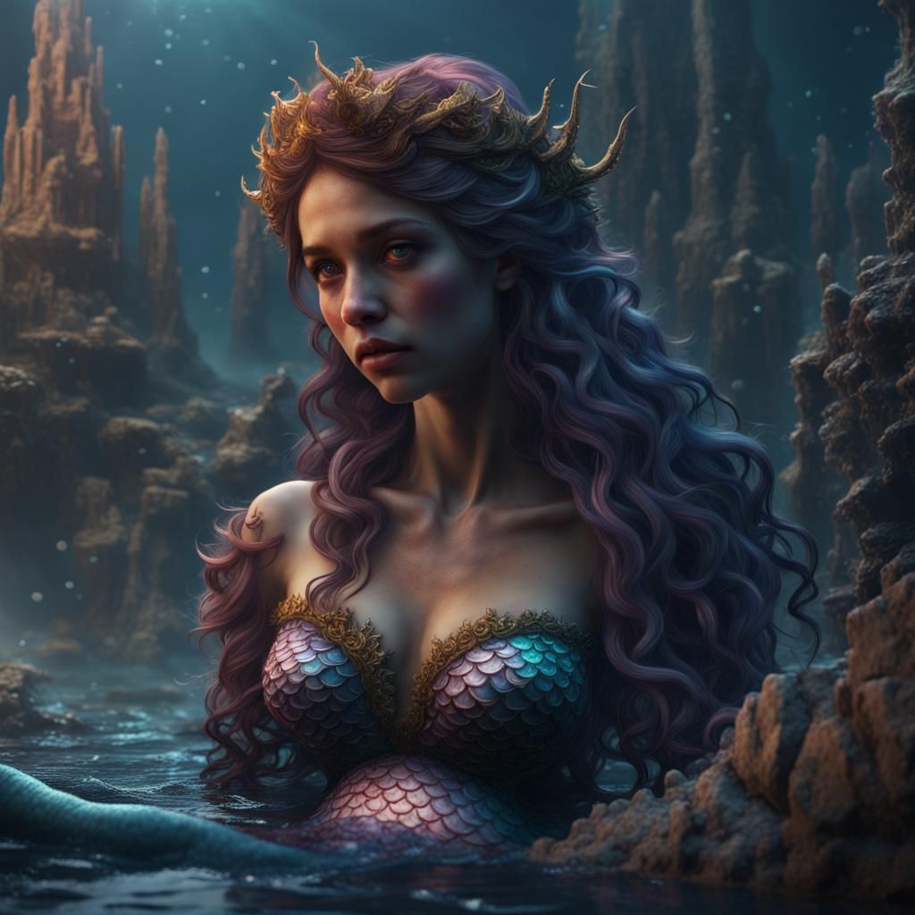 Sad Mermaid in Detailed Fantasy Art