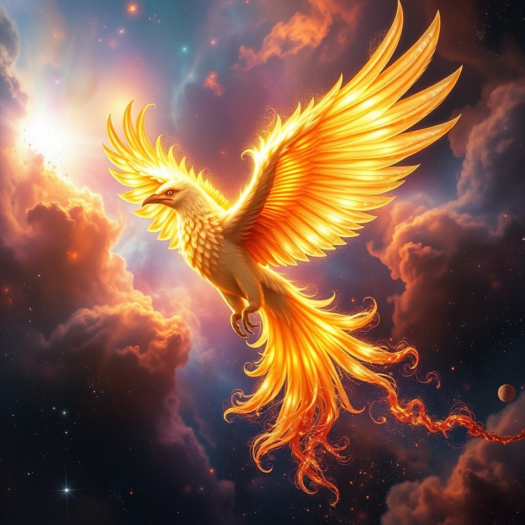 Phoenix Soaring Through Nebula in Detailed Matte Painting