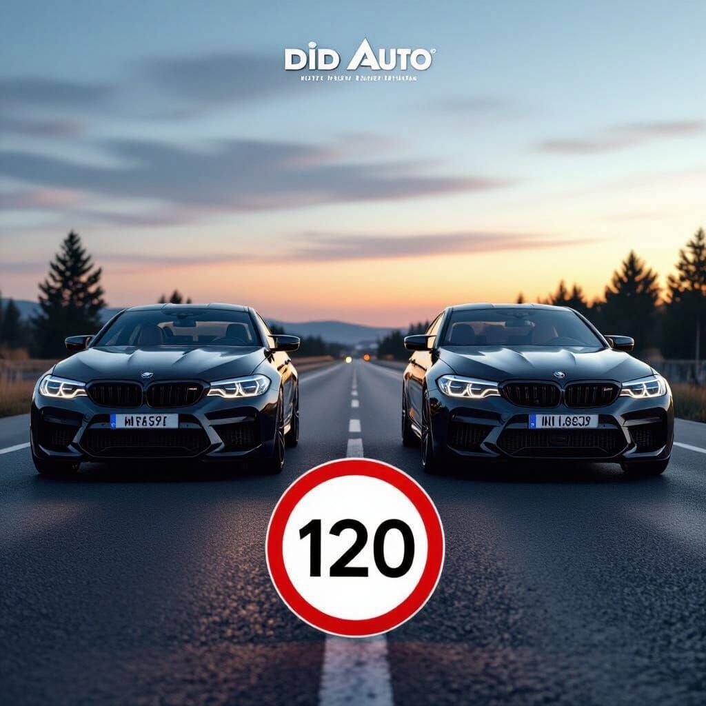 Photorealistic Evening Road with BMW M5s and Speed Limit Sig...