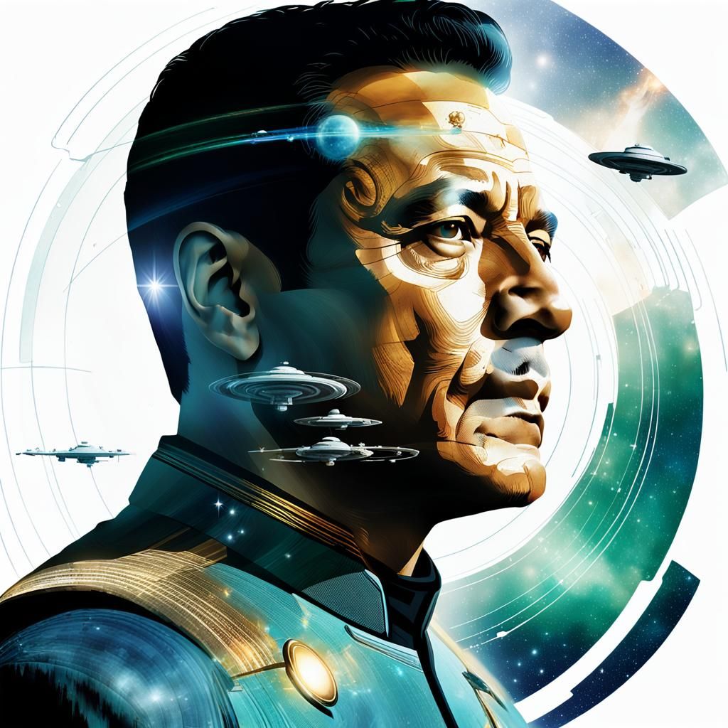 Side profile portrait of Chakotay from Star Trek Voyager. Double exposure. Star Trek Voyager and other Starfleet vessels...