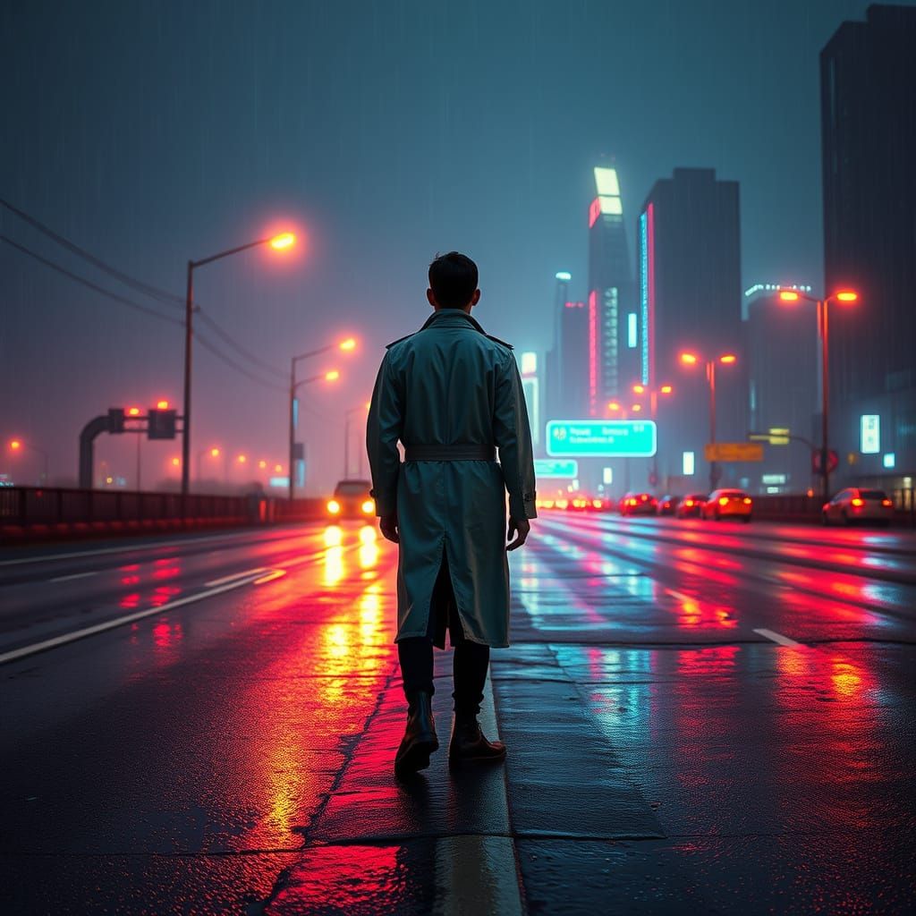 Abandoned Highway Dreamscape in Neon-lit Retro-futurism