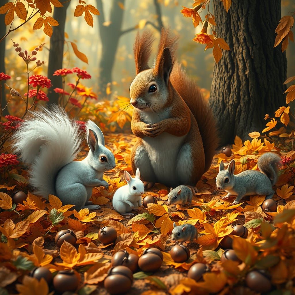 Vibrant Forest Floor in Warm Hues with Majestic Squirrel