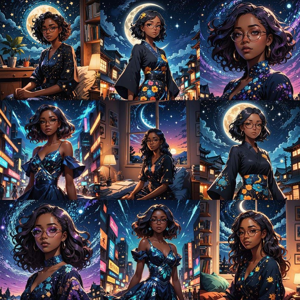 African American College Girl in Vibrant Anime-Inspired Art