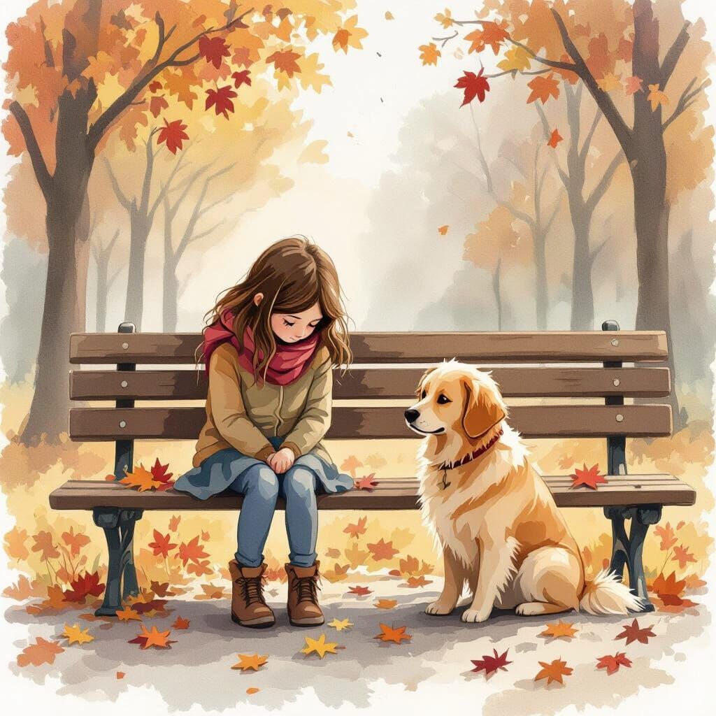 Lonely Girl and Dog on Park Bench in Autumn Watercolor