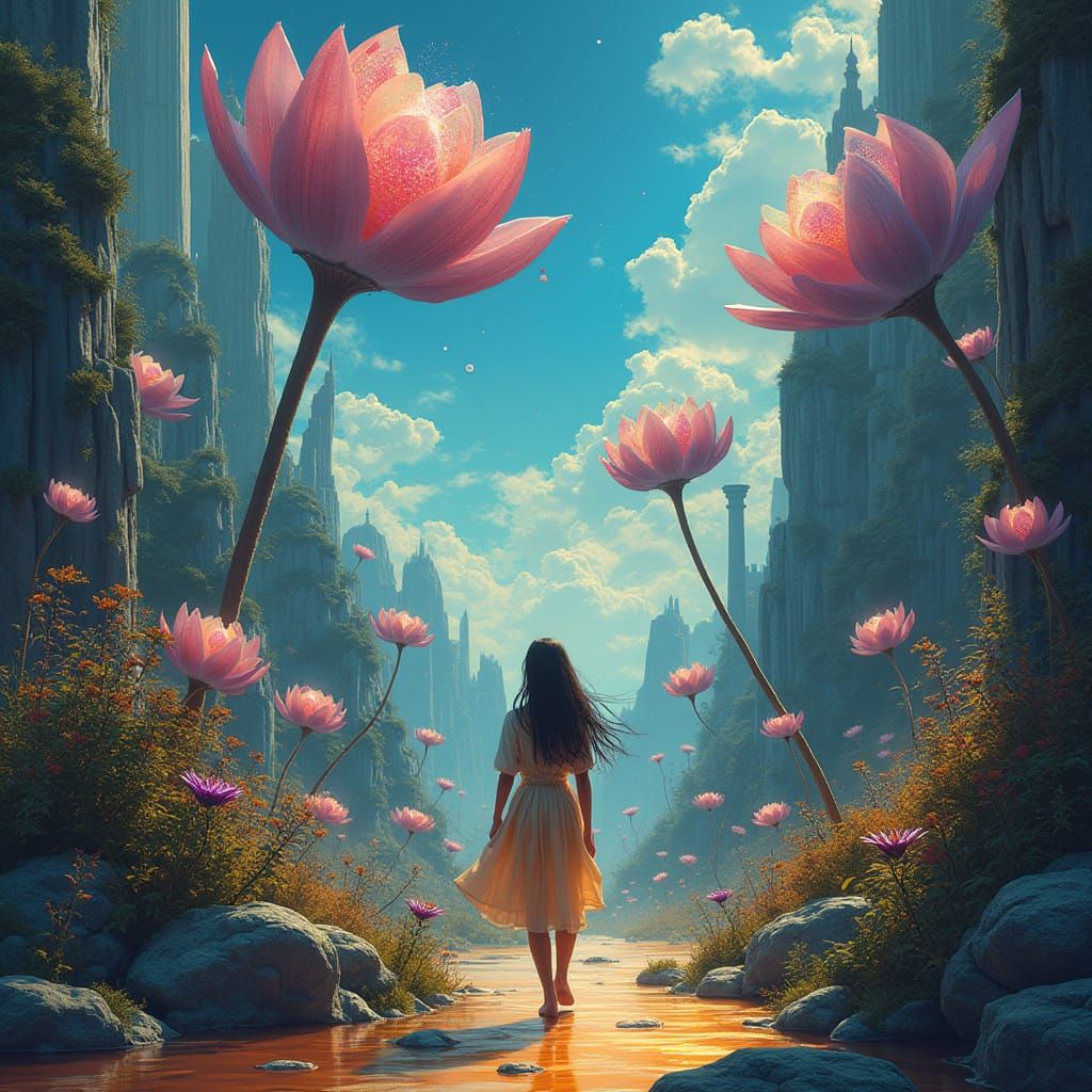 Whimsical Woman in Breathtaking Magical Garden with Quantum ...