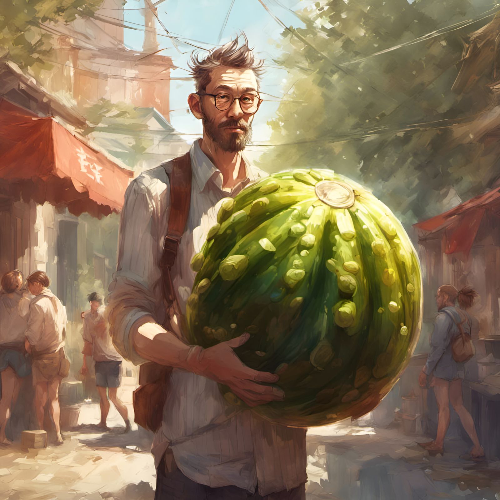 Man with Giant Pickle Ball: Digital Illustration