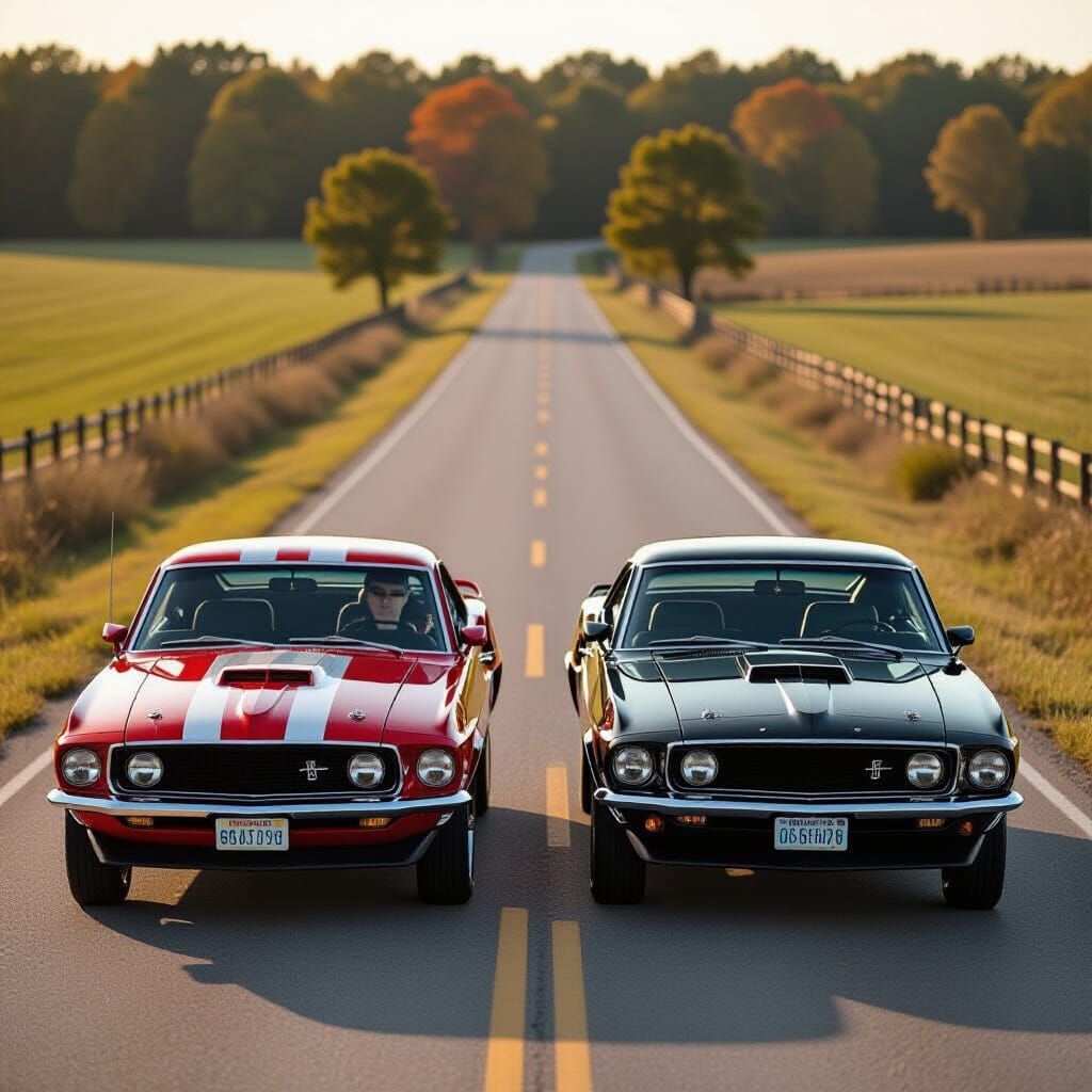 1969 Mustang vs Charger Racing on Country Road