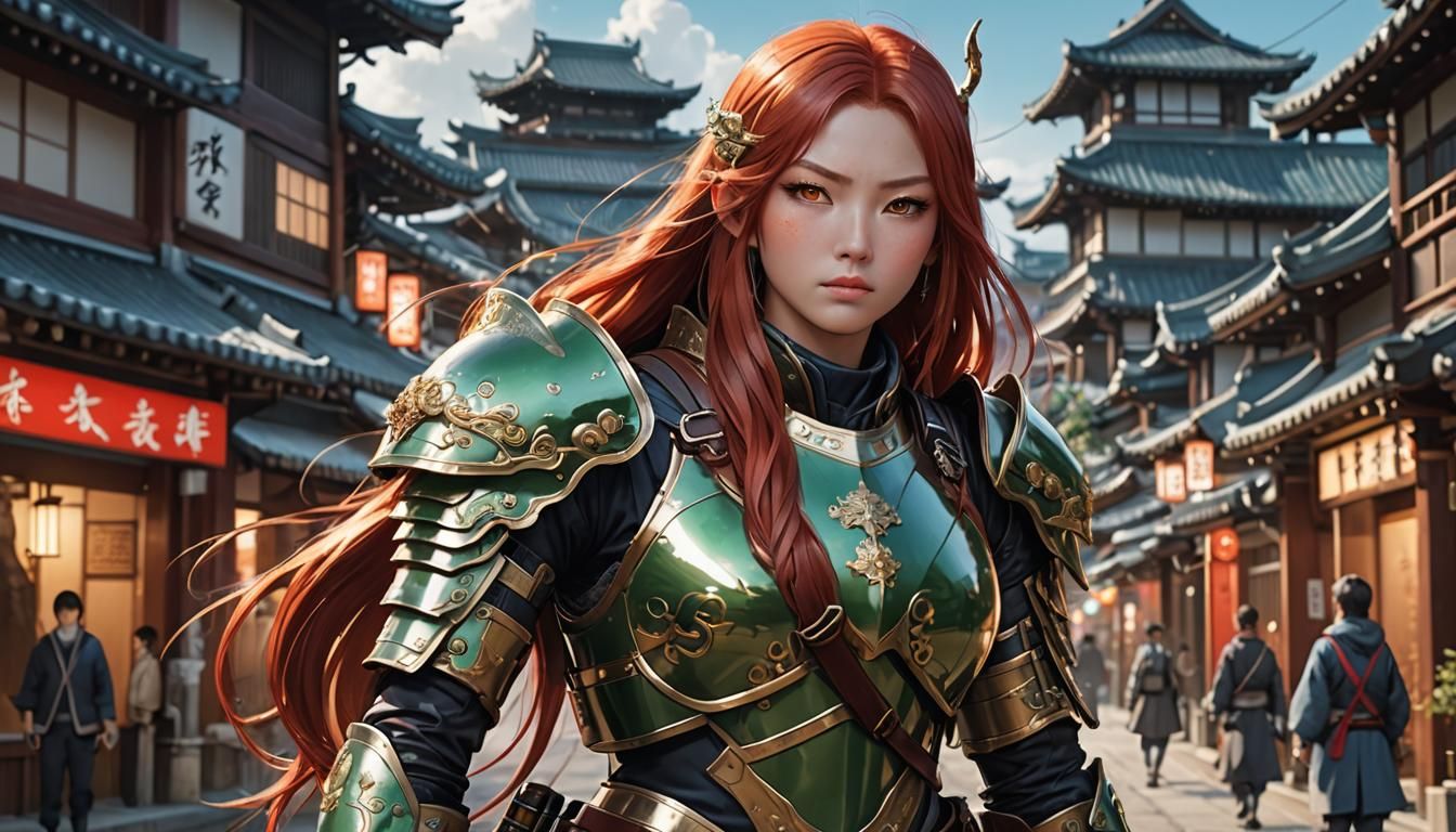 Stardust Armor: Anime Woman in Japanese Town