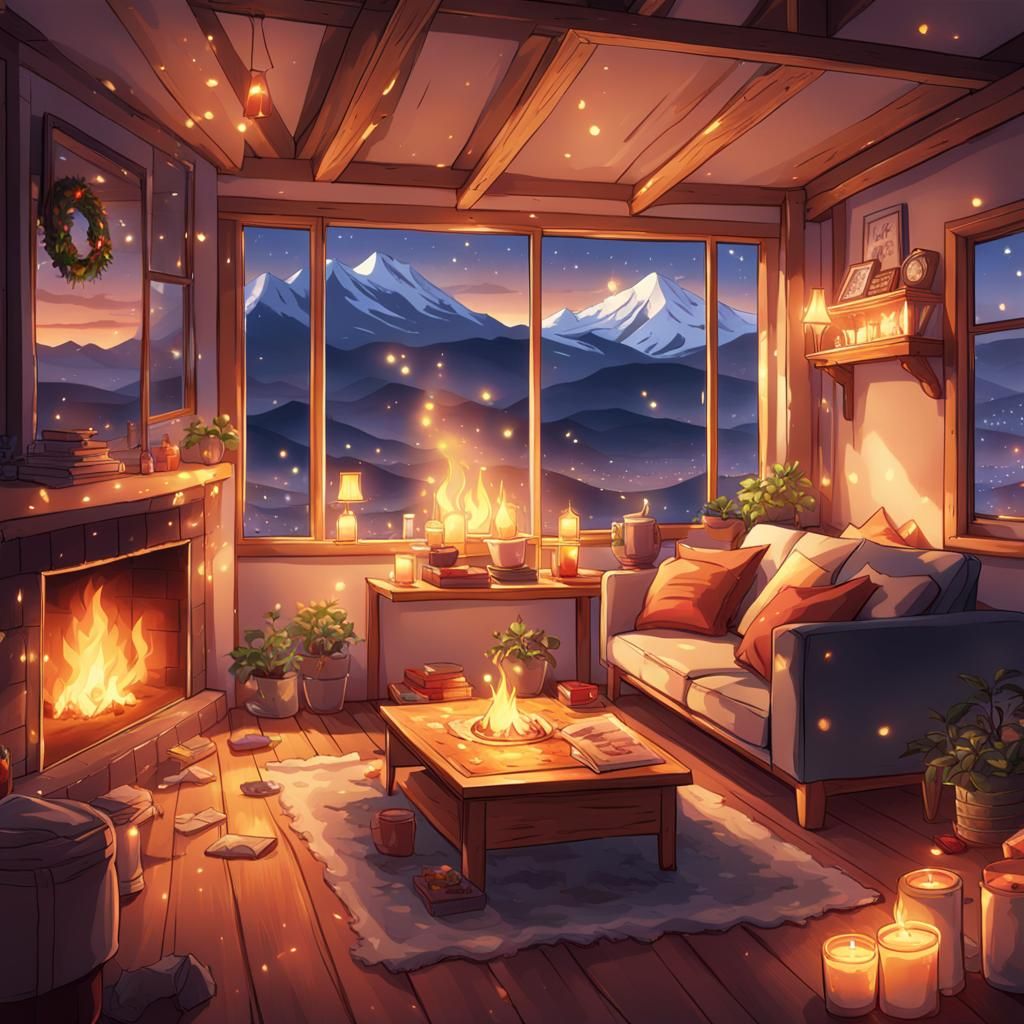 Cozy Anime Living Room with Mountain View