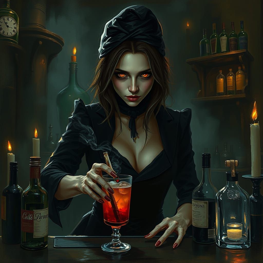 Mysterious Bartender in Dark, Gothic Tavern