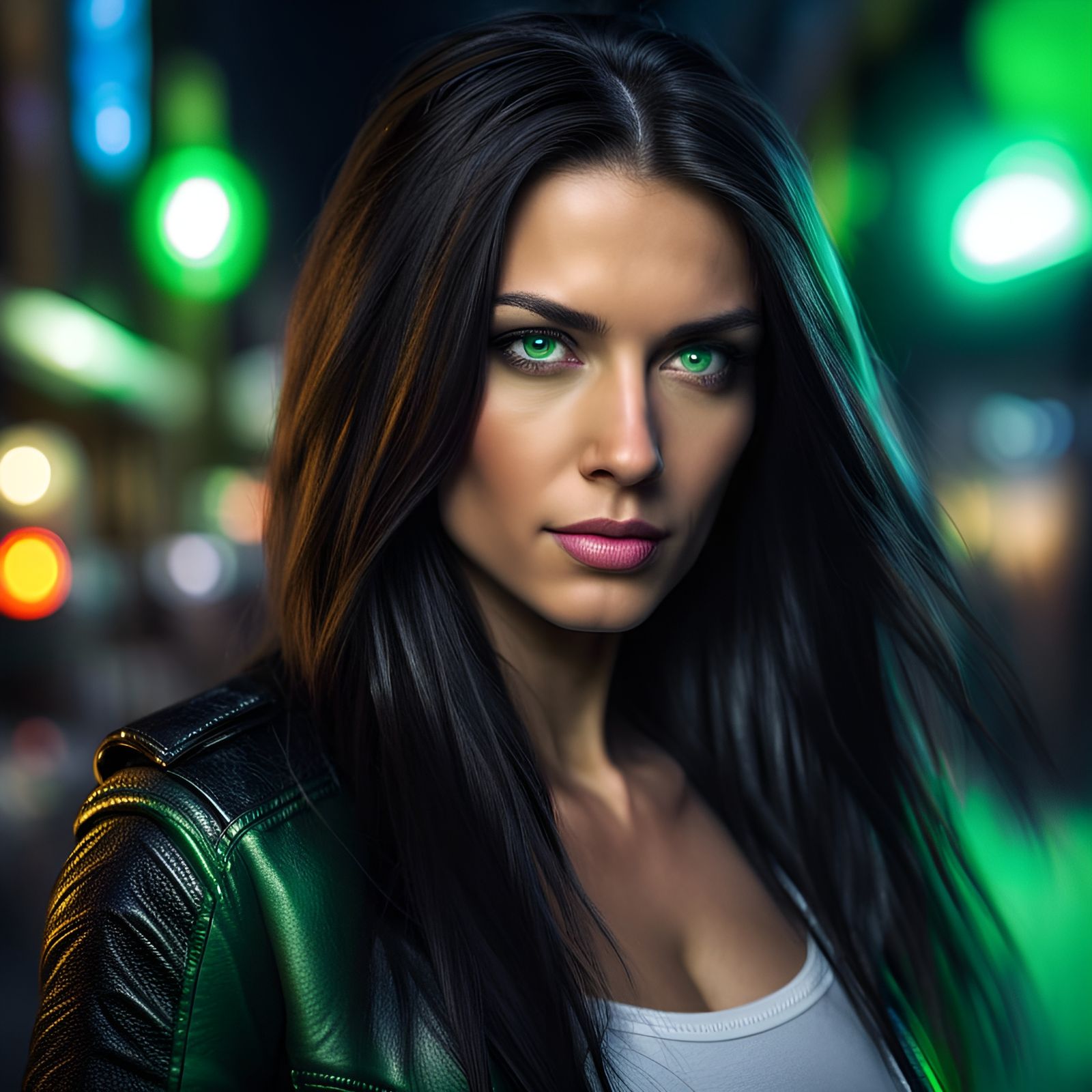 Neon City Portrait of Woman with Green Eyes