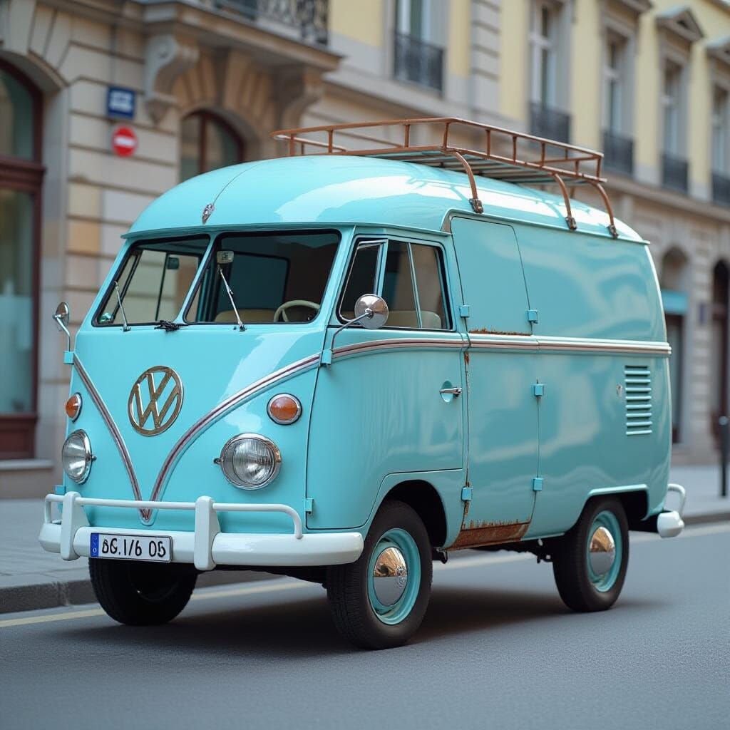Pastel Blue Van in Retro-Futuristic Style