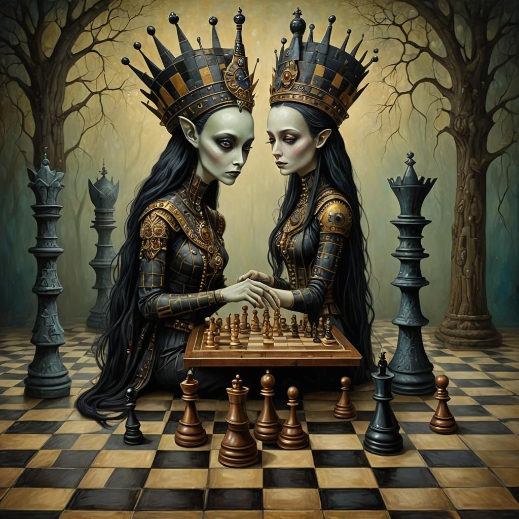 Whimsical Alien Priestess Plays Chess in Surreal Oil Paintin...