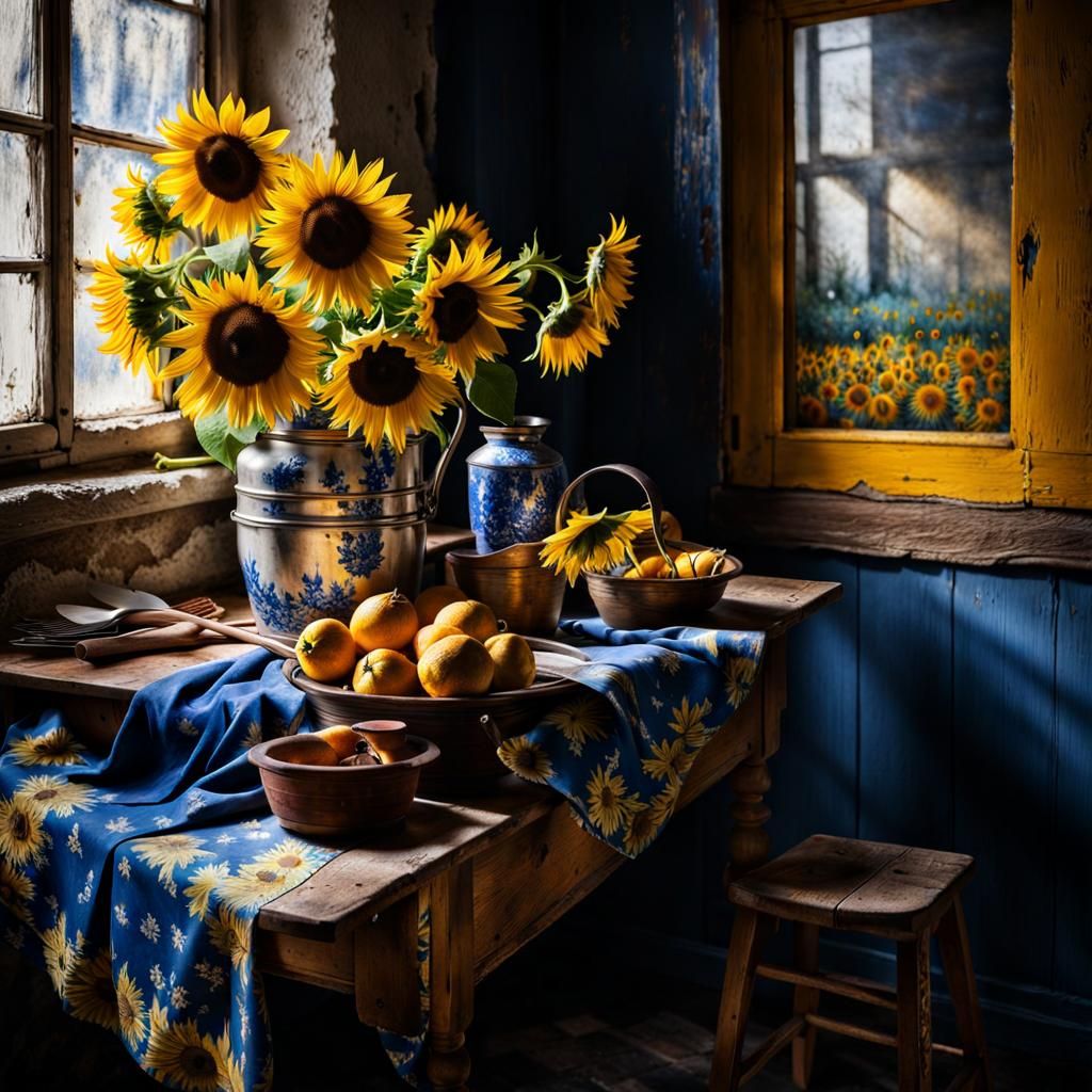 Sunflowers and Delft Flowers in God Rays, Magical Realism