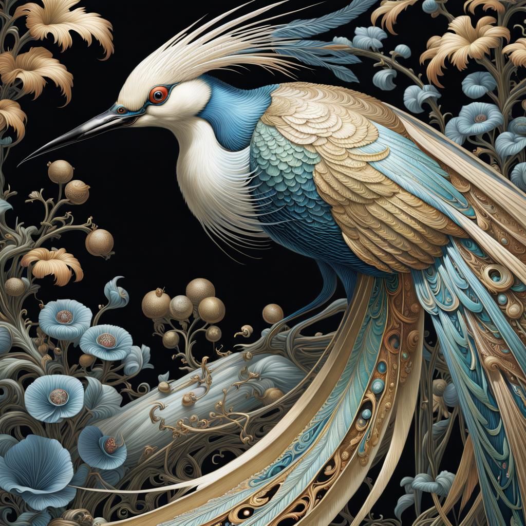 Exotic Bird in Magical Forest, Detailed Art Nouveau Style