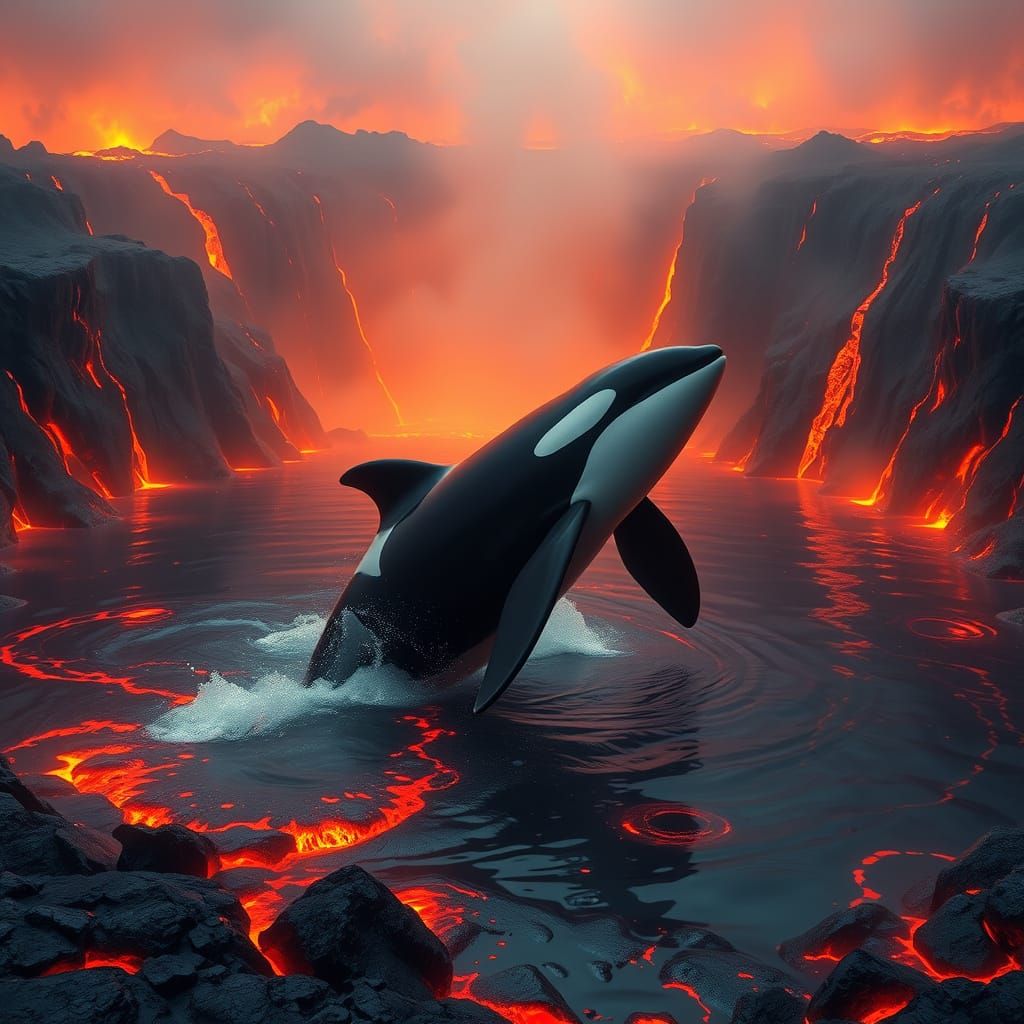 Majestic Orca Swims in Lava Lake Within Volcanic Caldera