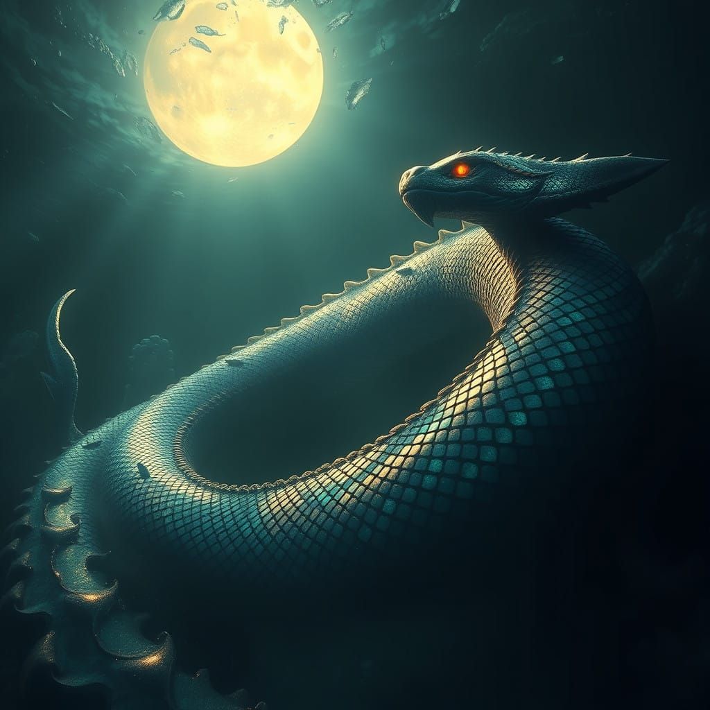 Majestic Serpentine Sea God in Dark Ocean Depths