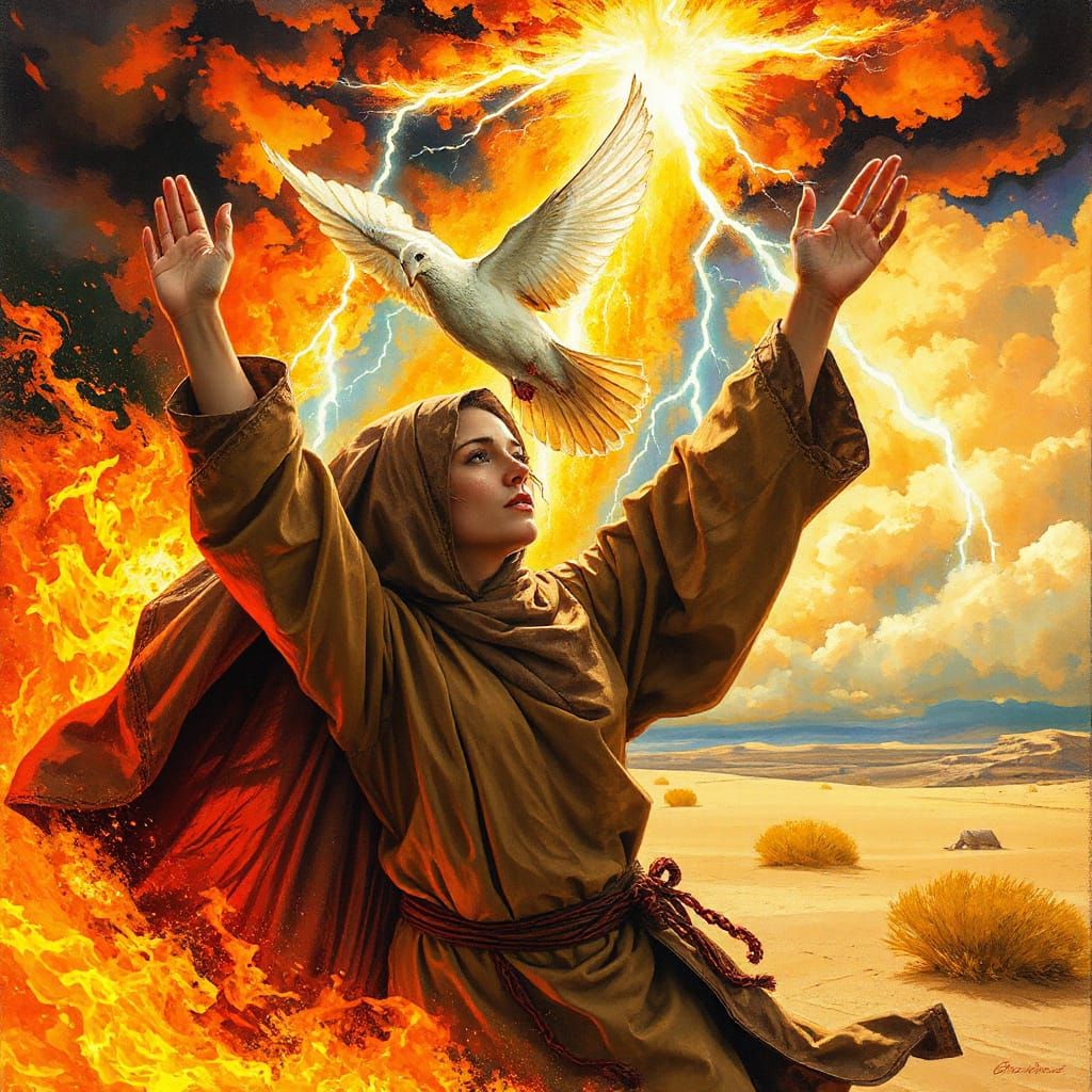 Ethereal Woman in Fire Storm: Celestial Digital Art