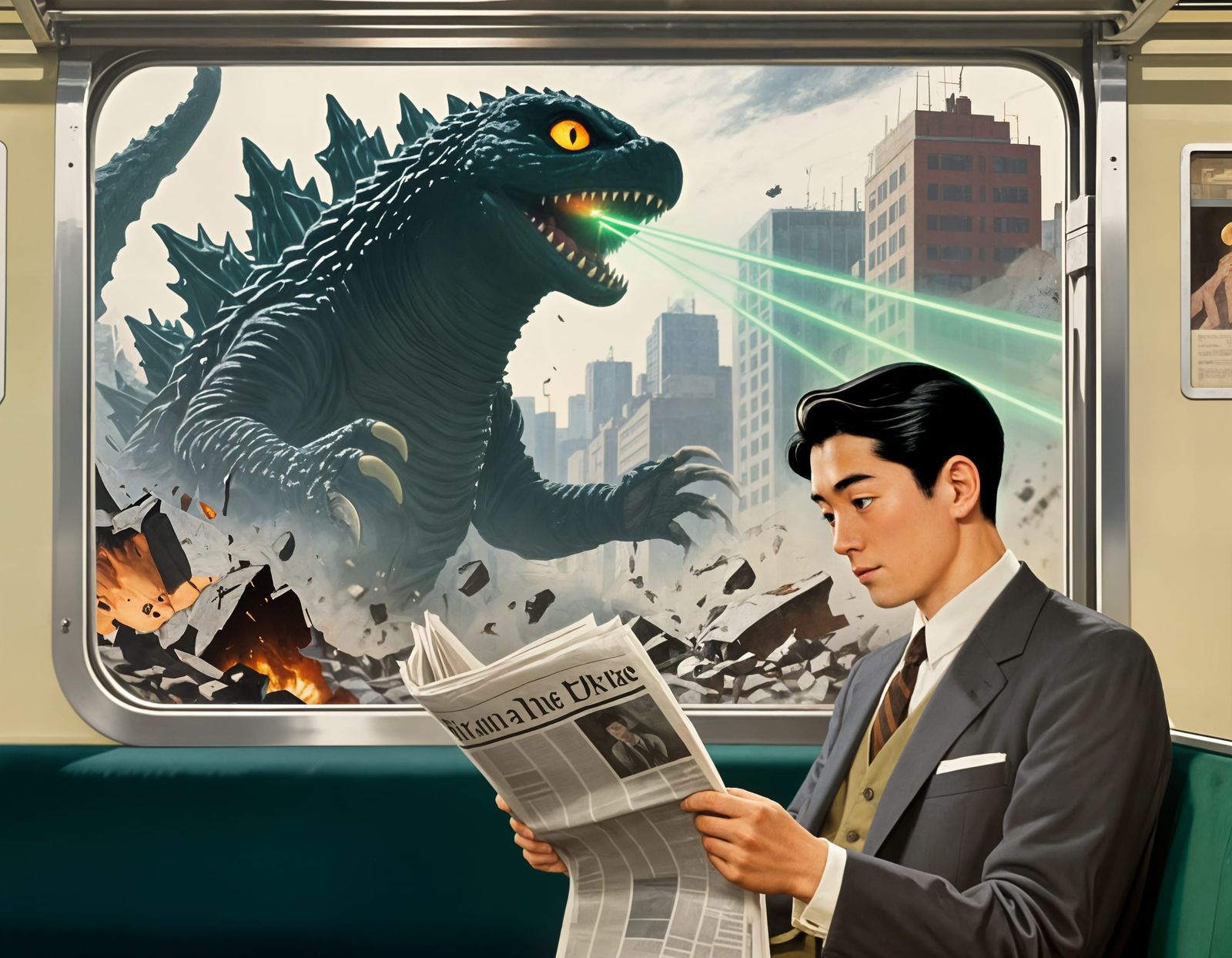 Japanese Man Unfazed by Kaiju City Destruction on Train